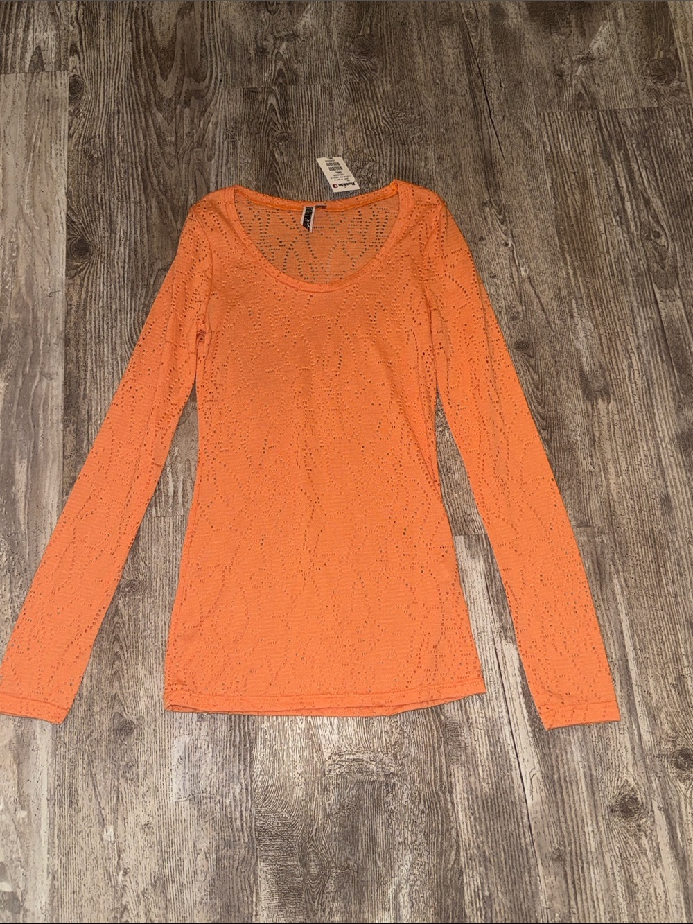 BKE Orange Long Sleeve Scoop Neck Openwork Top